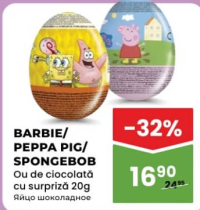 BARBIE/ PEPPA PIG/ SPONGEBOB Ou de ciocolată cu surpriză 20g