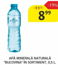 Apă minerală naturală "Bucovina" în sortiment, 0,5 L.
