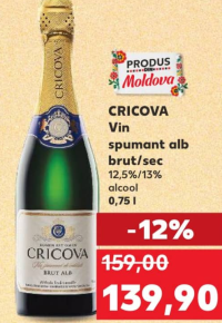 Cricova Vin spumant alb brut/sec 12,5%/13% alcool 0,75 l
