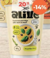 Alive Couscous porridge with raisin & basil 60g