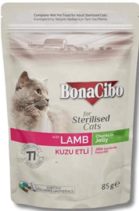 BonaCibo Hrană umedă pentru pisici sterilizate cu miel 85g