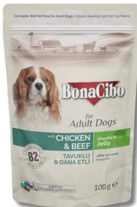 BonaCibo Hrană umedă pentru câini adulți cu pui și vită 100g