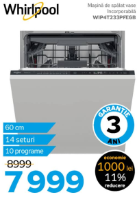 Whirlpool Mașină de spălat vase încorporabilă WIP4T233PFEGB 60 cm 14 seturi 10 programe