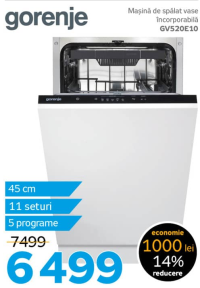 Gorenje Mașină de spălat vase încorporabilă GV520E10 45 cm 11 seturi 5 programe