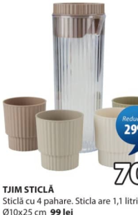 TJIM Sticlă cu 4 pahare 1.1 litri Ø10x25 cm