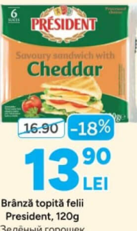 President Brânză topită felii Cheddar, 120g