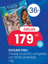 OCEAN FISH Creveți cruzi F/C, congelați, cal. 21/25, ambalați, 1 kg