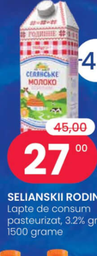 SELIANSKII RODINNE Lapte de consum pasteurizat, 3.2% grăsime, 1500 grame