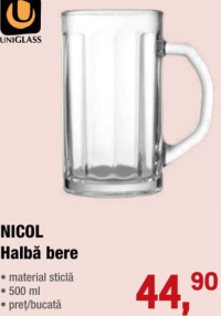 UNIGLASS NICOL Halbă bere 500 ml