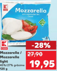 K-Classic Mozzarella / Mozzarella light 45%/27% grăsime 125 g