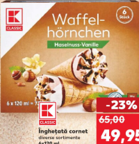 K-CLASSIC Înghețată cornet diverse sortimente 6x120 ml