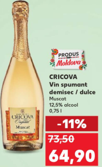 CRICOVA Vin spumant demisec / dulce Muscat 12,5% alcool 0,75 l