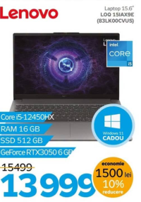 Lenovo LOQ 15IAX9E (83LK00CVUS) Laptop 15.6" Core i5-12450HX RAM 16 GB SSD 512 GB GeForce RTX3050 6